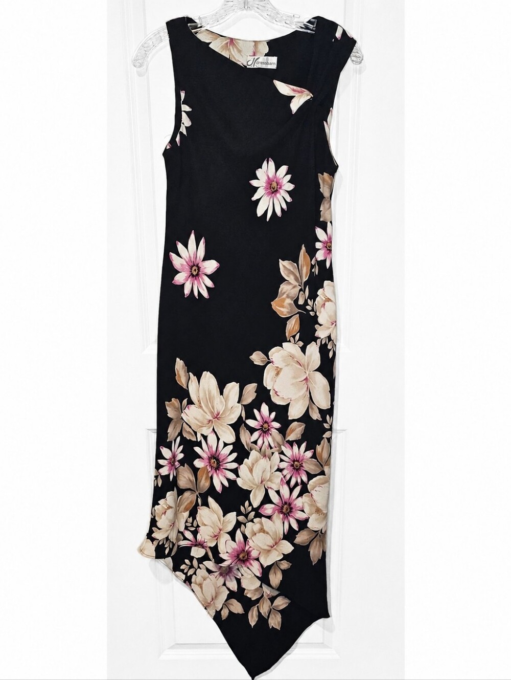 Women's Black Pink Floral Knot Strap Asymmetrical Sleeveless Sheath Dress XS/S